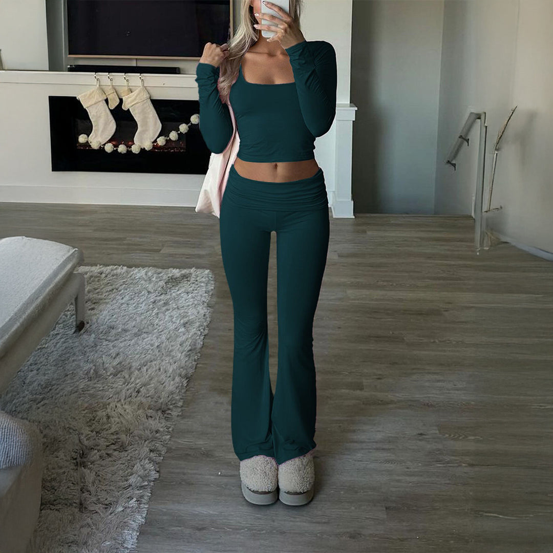 Damen figurbetontes Cropped-Set mit langärmeligem Top mit quadratischem Ausschnitt und ausgestellter High‑Waist Yoga-Hose – Avérine
