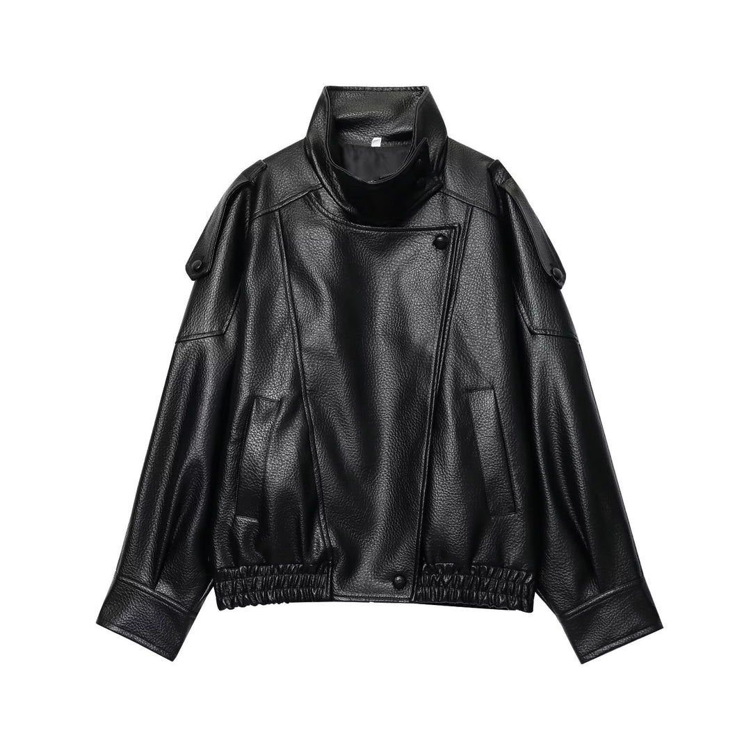Damen nan Kunstleder-Bomberjacke mit hohem Stehkragen, asymmetrischer Druckknopfleiste und elastischem Saum Echo Archiv