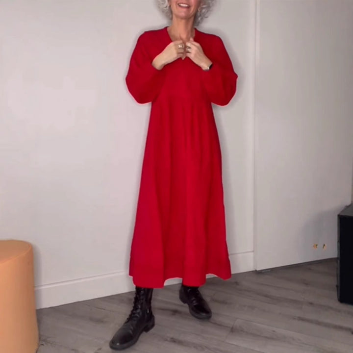 Damen Freizeit Viskose Maxi Kleid mit V-Ausschnitt, Taillennaht und Ballonärmeln – Valéora