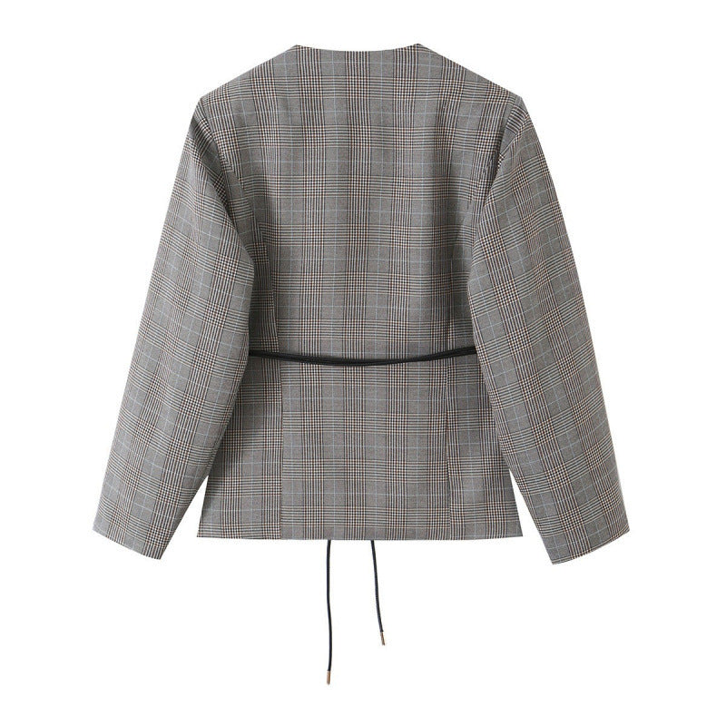 Damen Taillierte Glencheck-Blazerjacke mit V-Ausschnitt und Bindegürtel Echo Archiv