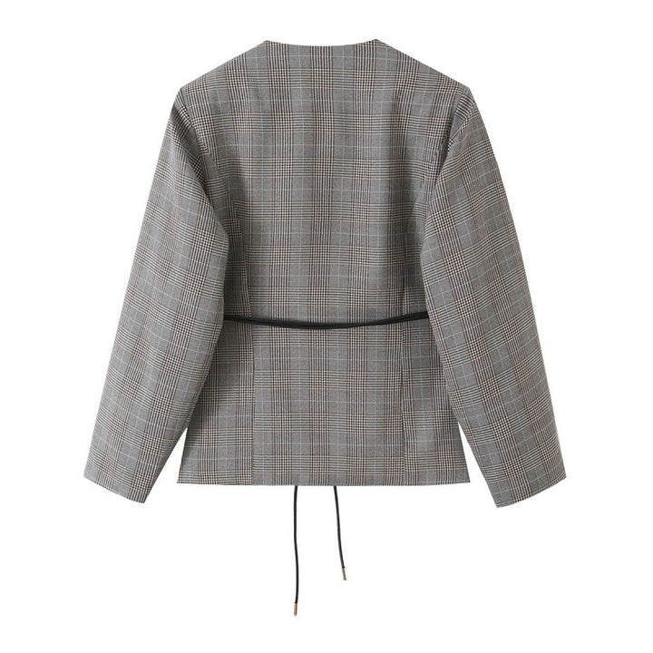 Damen Taillierte Glencheck-Blazerjacke mit V-Ausschnitt und Bindegürtel Echo Archiv