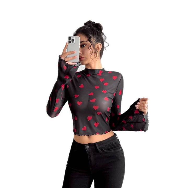 Damen nan transparentes Paisley-Netz-Kurzoberteil mit Stehkragen, Trompetenärmeln und gewelltem Saum Echo Archiv