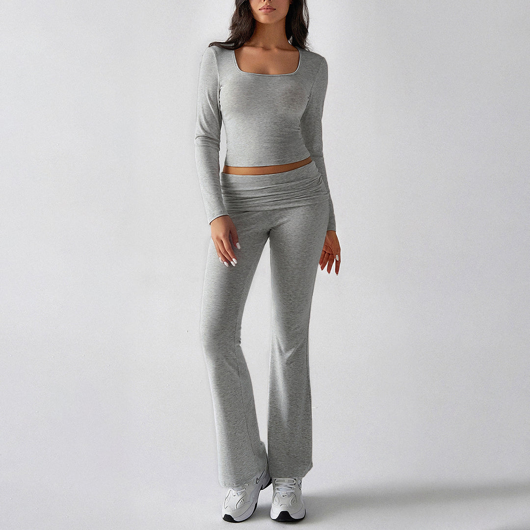 Damen figurbetontes Cropped-Set mit langärmeligem Top mit quadratischem Ausschnitt und ausgestellter High‑Waist Yoga-Hose – Avérine