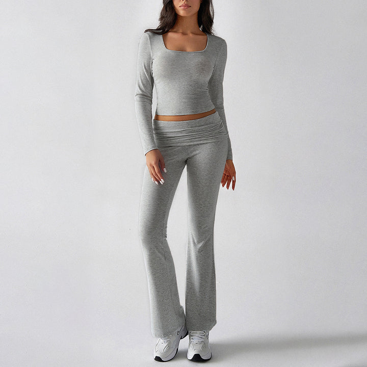 Damen figurbetontes Cropped-Set mit langärmeligem Top mit quadratischem Ausschnitt und ausgestellter High‑Waist Yoga-Hose – Avérine