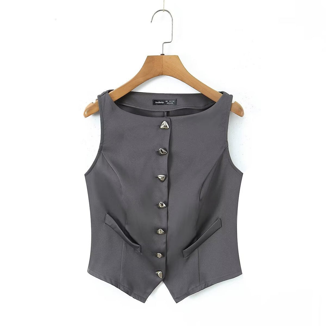 Damen-Set aus tailliertem Weste und kurzem Rock mit eleganten Knopfdetails Echo Archiv