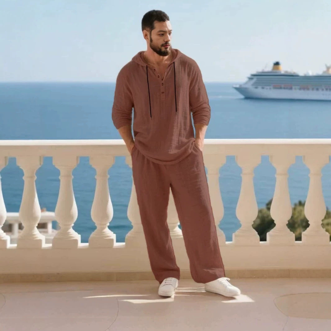 Herren nan lässiges Leinenzweiteiler-Set mit Kapuzenhemd im Henley-Stil und weiten Freizeit-Hosen Echo Archiv