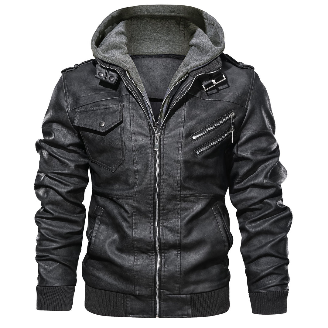 Herren modische Lederjacke mit abnehmbarer Kapuze Echoarchiv
