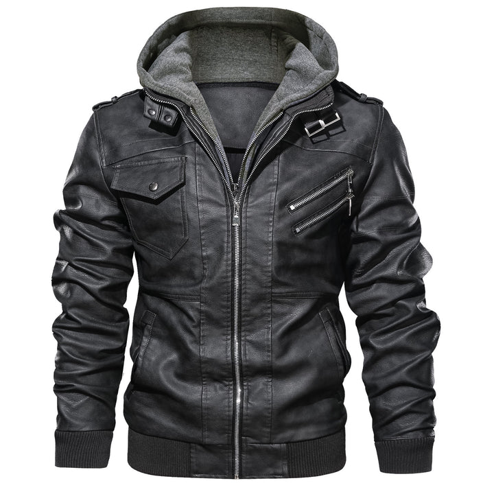 Herren modische Lederjacke mit abnehmbarer Kapuze Echoarchiv