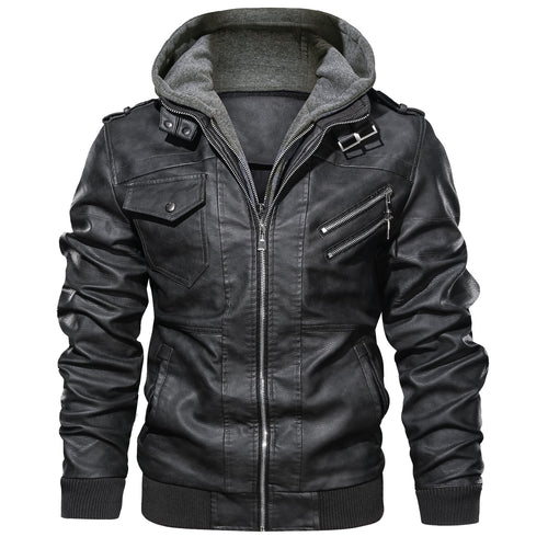 Herren modische Lederjacke mit abnehmbarer Kapuze Echoarchiv