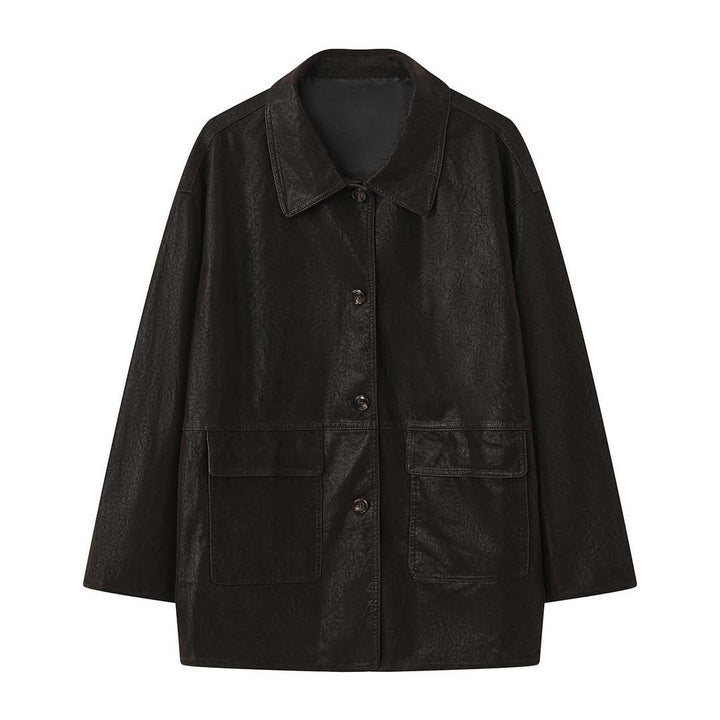 Damen Oversize Kunstleder-Hemdjacke mit breitem Kragen und Pattentaschen Echoarchiv