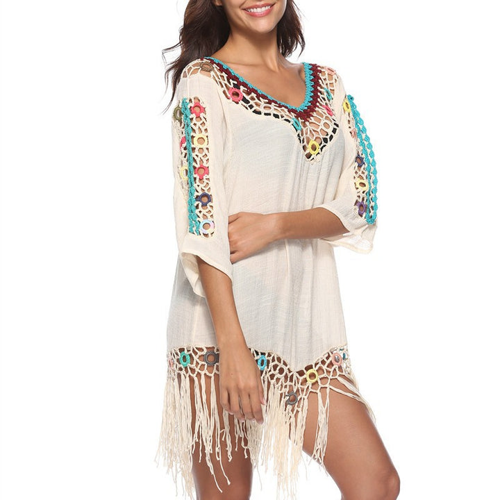 Damen Elegante Häkel-Strandtunika mit fransigen Details und bunten Applikationen Echo Archiv