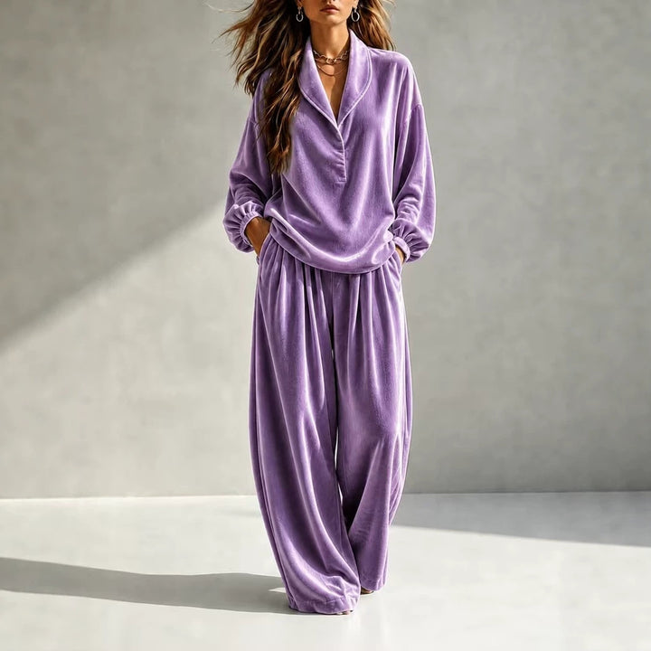 Damen Luxuriöses Velours-Loungewear-Set mit Schalkragen und weiter Palazzo-Hose Echoarchiv