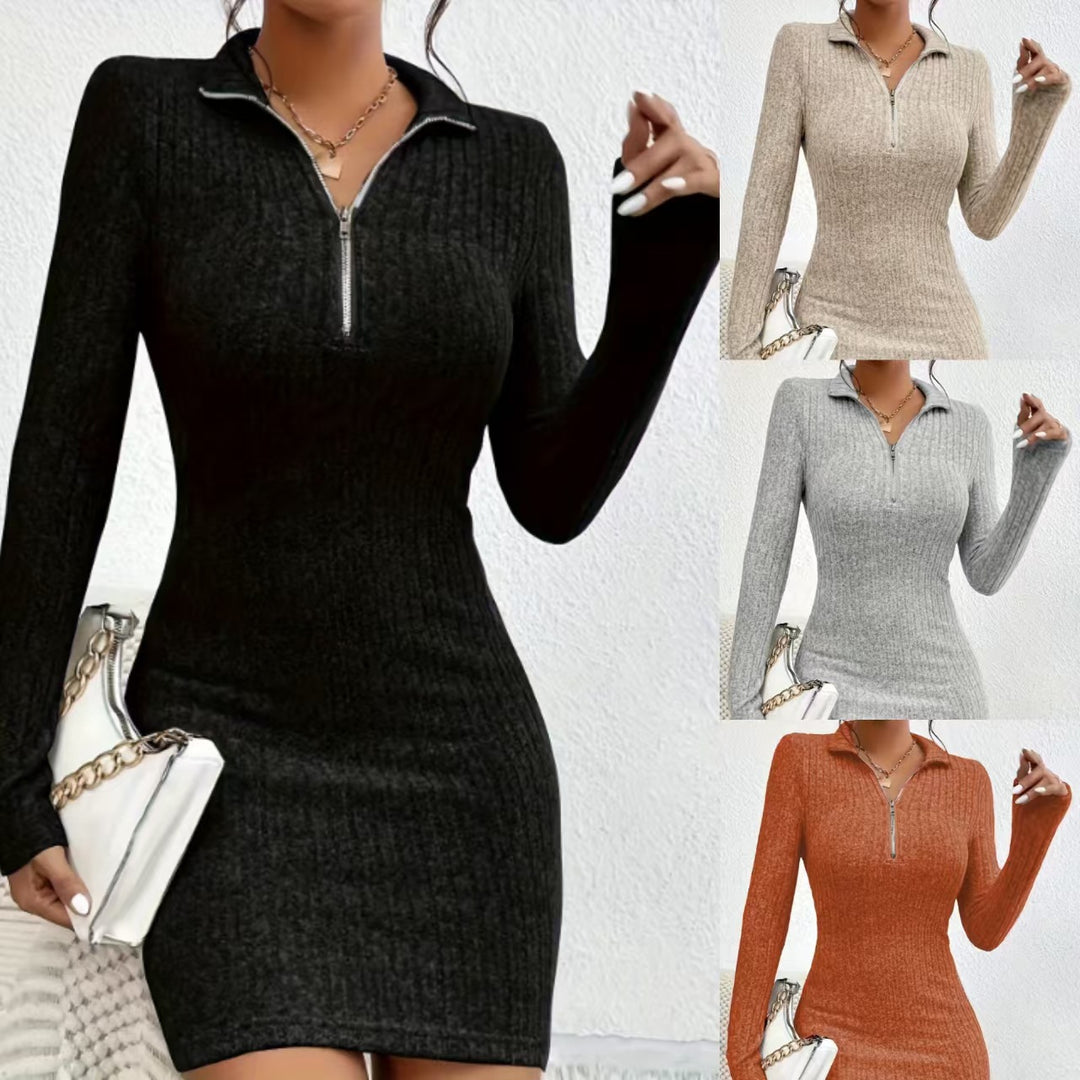 Damen Figurbetontes Rippstrick-Midikleid mit halbem Reißverschlusskragen Echoarchiv