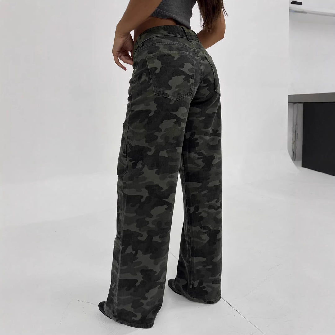 Damen Camouflage-Denim Schlaghose mit hoher Taille und weitem Bein – Avélisse
