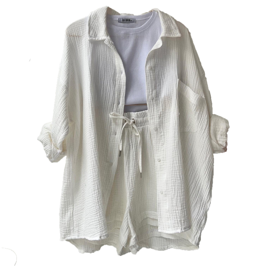 Damen nan lässiges oversized Hemd und Shorts Set mit Brusttasche Kordelbund und gerauter Baumwollstruktur Echo Archiv