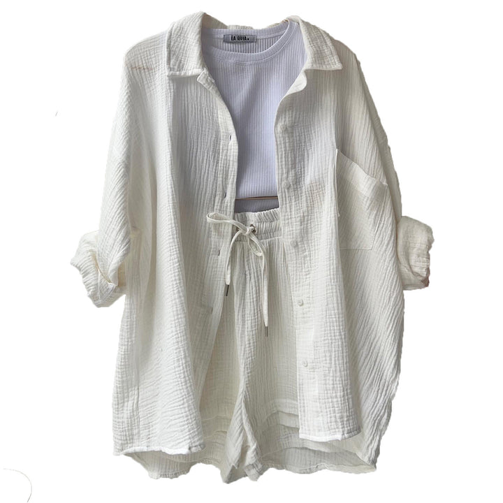 Damen nan lässiges oversized Hemd und Shorts Set mit Brusttasche Kordelbund und gerauter Baumwollstruktur Echo Archiv