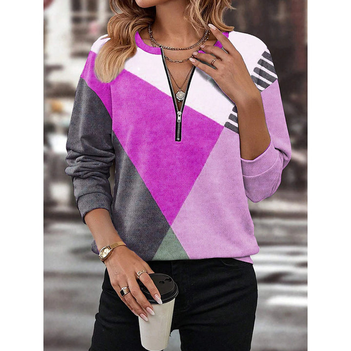 Damen Freizeitsweatshirt mit Halbzipp und geometrischem Farbkombinationsmuster Echoarchiv