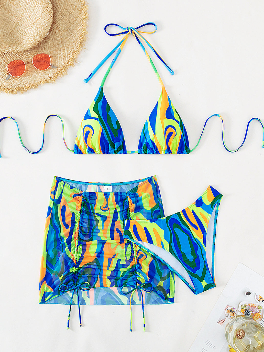 Damen Buntes Triangel-Bikini-Set mit transparentem Rock Echo Archiv