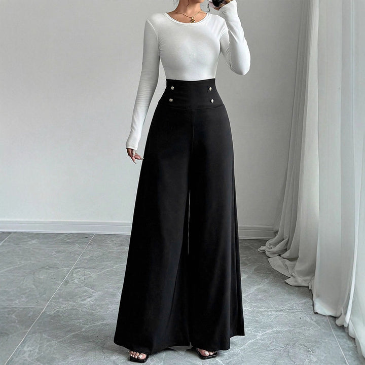 Damen Fließende Palazzo-Hose mit hohem Taillenbund und eleganten Knopfdetails Echo Archiv