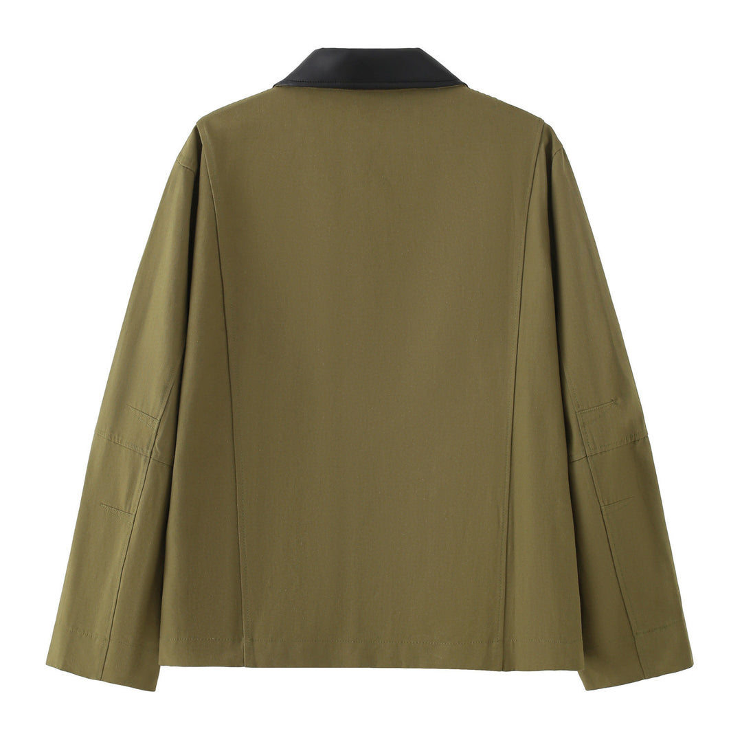 Damen Boxy Übergangsjacke mit kontrastkragen aus Kunstleder und durchgehendem Reißverschluss – Célinea