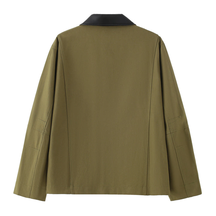 Damen Boxy Übergangsjacke mit kontrastkragen aus Kunstleder und durchgehendem Reißverschluss – Célinea