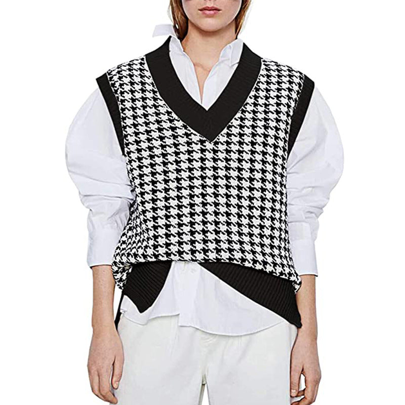 Damen Strickweste mit Hahnentritt-Muster, V-Ausschnitt und geripptem Saum Echo Archiv