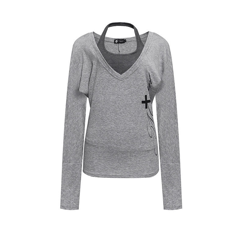 Damen Lagen-Langarmshirt mit tiefem V-Ausschnitt, Neckholder-Innenlayer und seitlichem Script-Print Echoarchiv