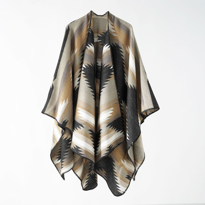 Damen Gewebter Azteken‑Poncho im Oversize‑Überwurf mit Zierkettelnaht Echo Archiv