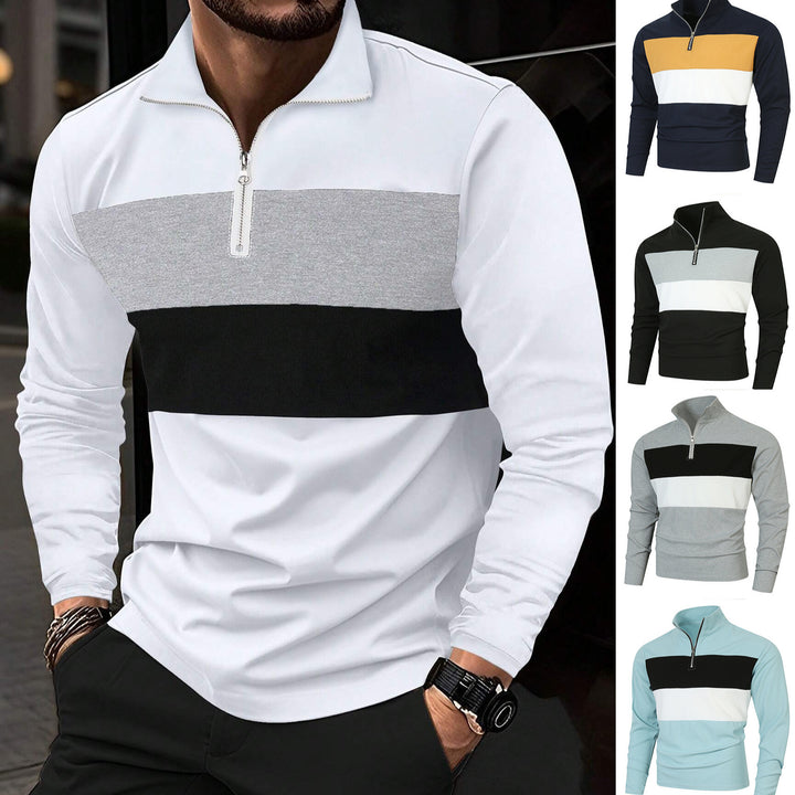 Herren Halbzip-Pullover mit Stehkragen, breitem Blockstreifen und fein gerippter Struktur – Norvane