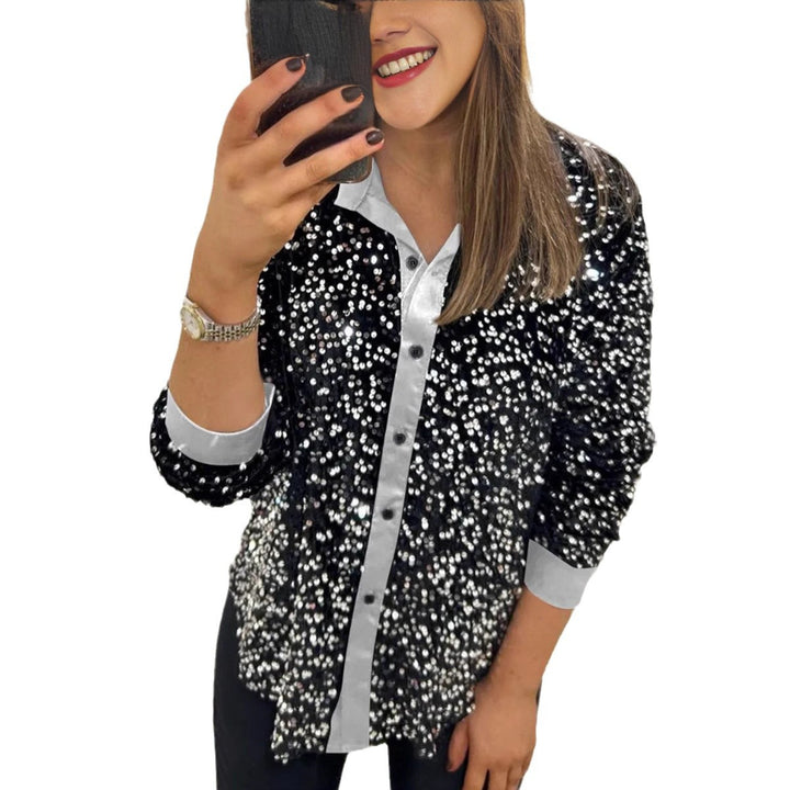 Damen nan glitzernde Pailletten-Hemdbluse mit Kragen, Knopfleiste und elastischen Manschetten Echo Archiv