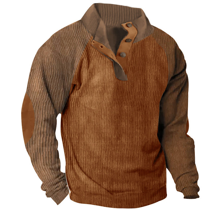 Herren Strukturiertes Raglan-Henley-Pullover mit Stehkragen, Ellenbogenpatches & Knopfleiste – Norvane