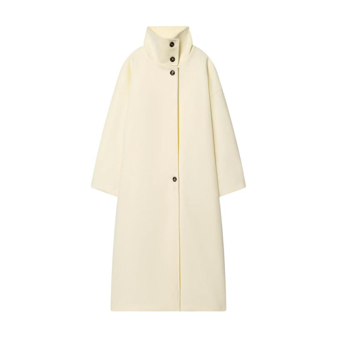 Damen Longline-Mantel mit Funnelkragen und minimalistischer Frontknopfleiste Echoarchiv