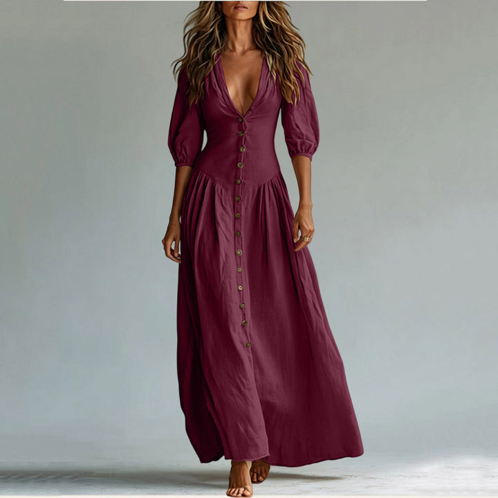 Damen Maxikleid mit tiefem V-Ausschnitt, durchgehender Knopfleiste und Ballonärmeln – Valéora