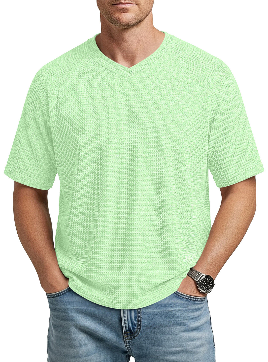 Herren nan lässiges V-Ausschnitt Waffelstrick-T-Shirt aus atmungsaktivem Baumwollmix Echo Archiv