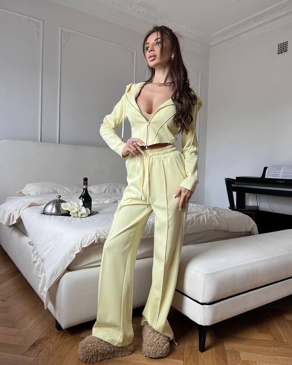 Damen tailliertes Cropped-Kapuzensweatshirt mit verdecktem Reißverschluss und High-Waist Wide-Leg Jogginghose Set – Auréline