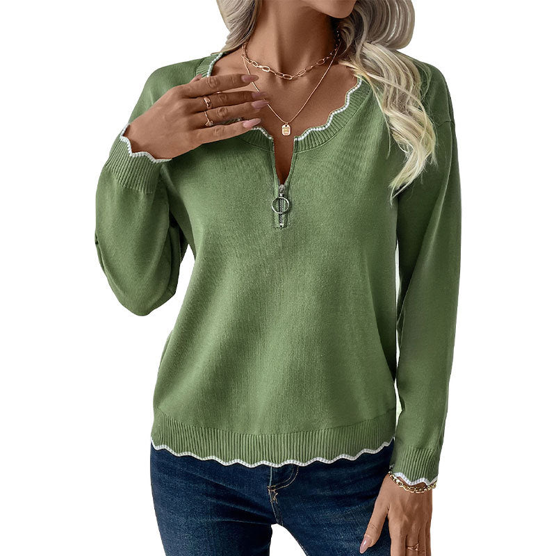 Damen Feinstrick-Pullover mit Reißverschluss-Kragen und gewellter Kontrastkante Echoarchiv