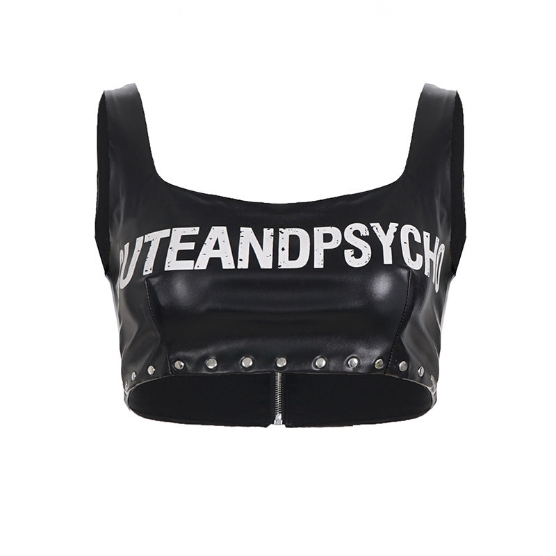 Damen Leder-Crop-Top mit auffälligem Schriftzug und Nietenverzierung Echo Archiv