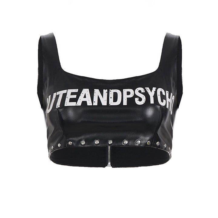 Damen Leder-Crop-Top mit auffälligem Schriftzug und Nietenverzierung Echo Archiv