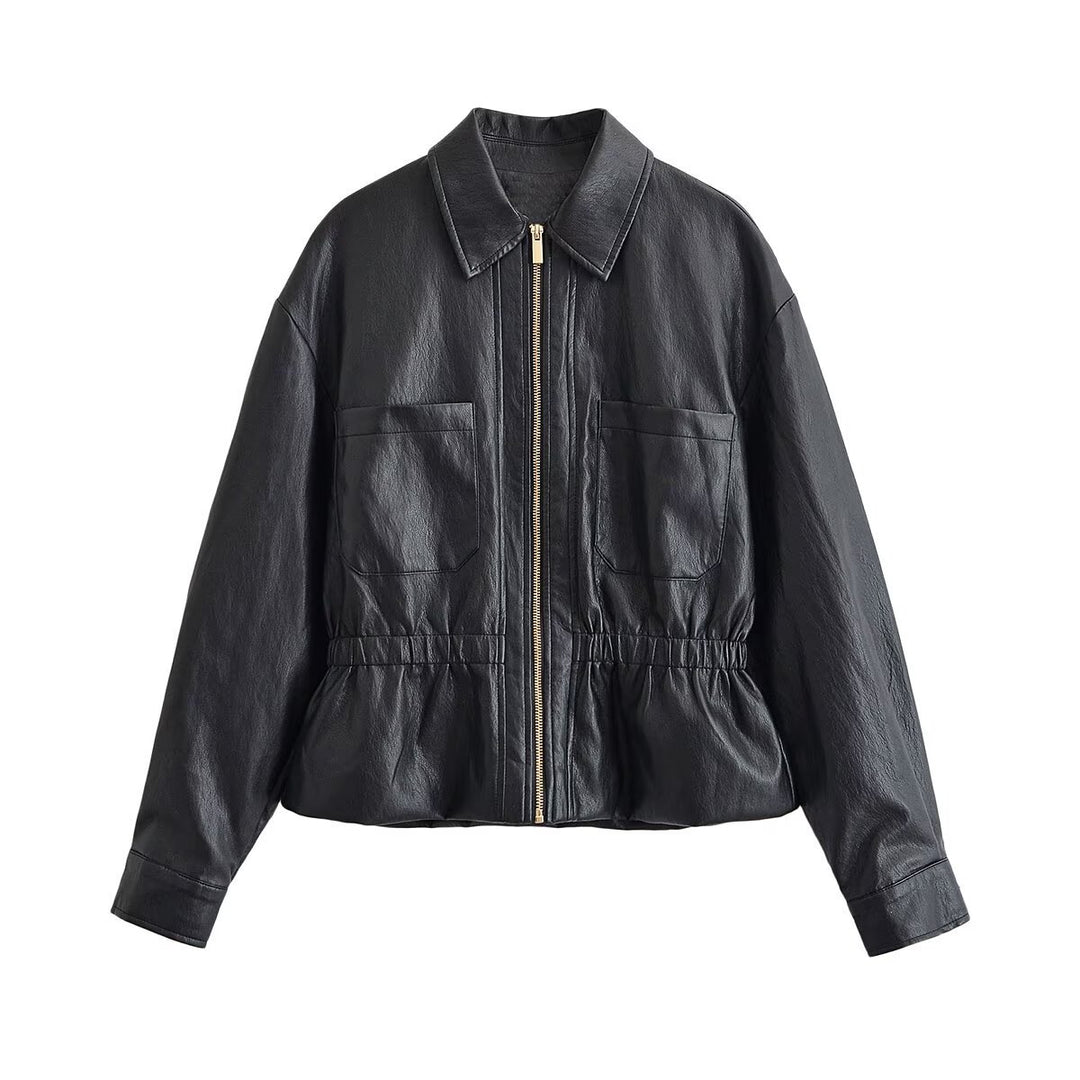 Damen Boxy-Kunstleder-Blouson mit elastischer Taillenpartie, aufgesetzten Brusttaschen und sichtbarem Reißverschluss Echoarchiv