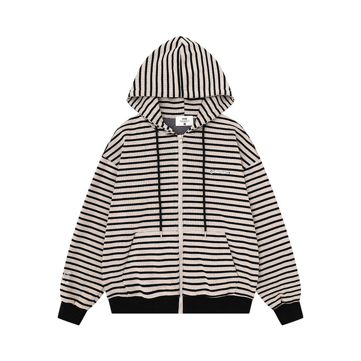 Unisex Leichter gestreifter Kapuzen‑Zipcardigan im Oversize‑Fit aus geripptem Baumwollmix Echoarchiv