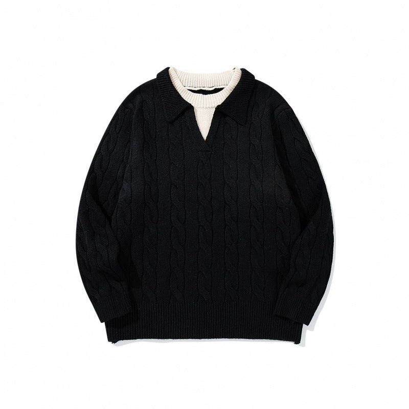 Herren Grobgestrickter Zopfmuster-Pullover mit Polokragen und V‑Ausschnitt Echo Archiv
