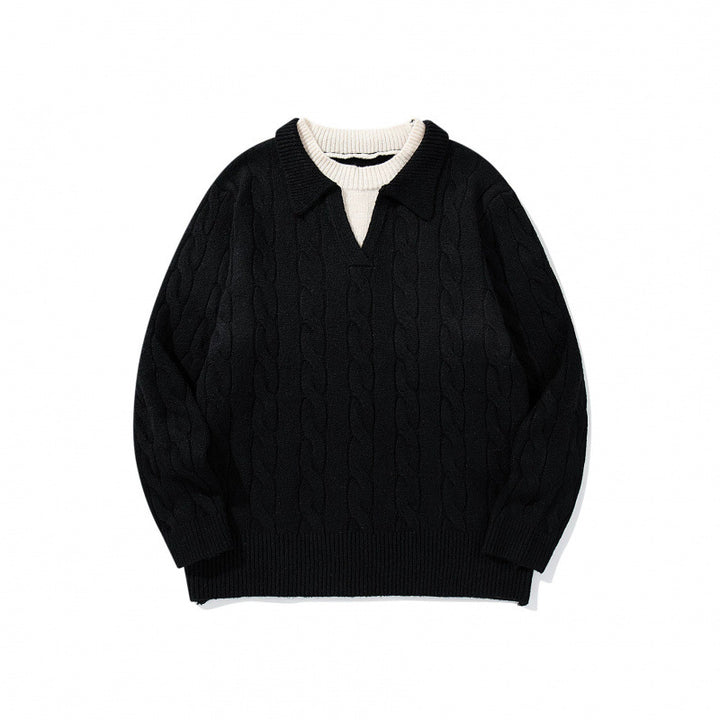 Herren Grobgestrickter Zopfmuster-Pullover mit Polokragen und V‑Ausschnitt Echo Archiv