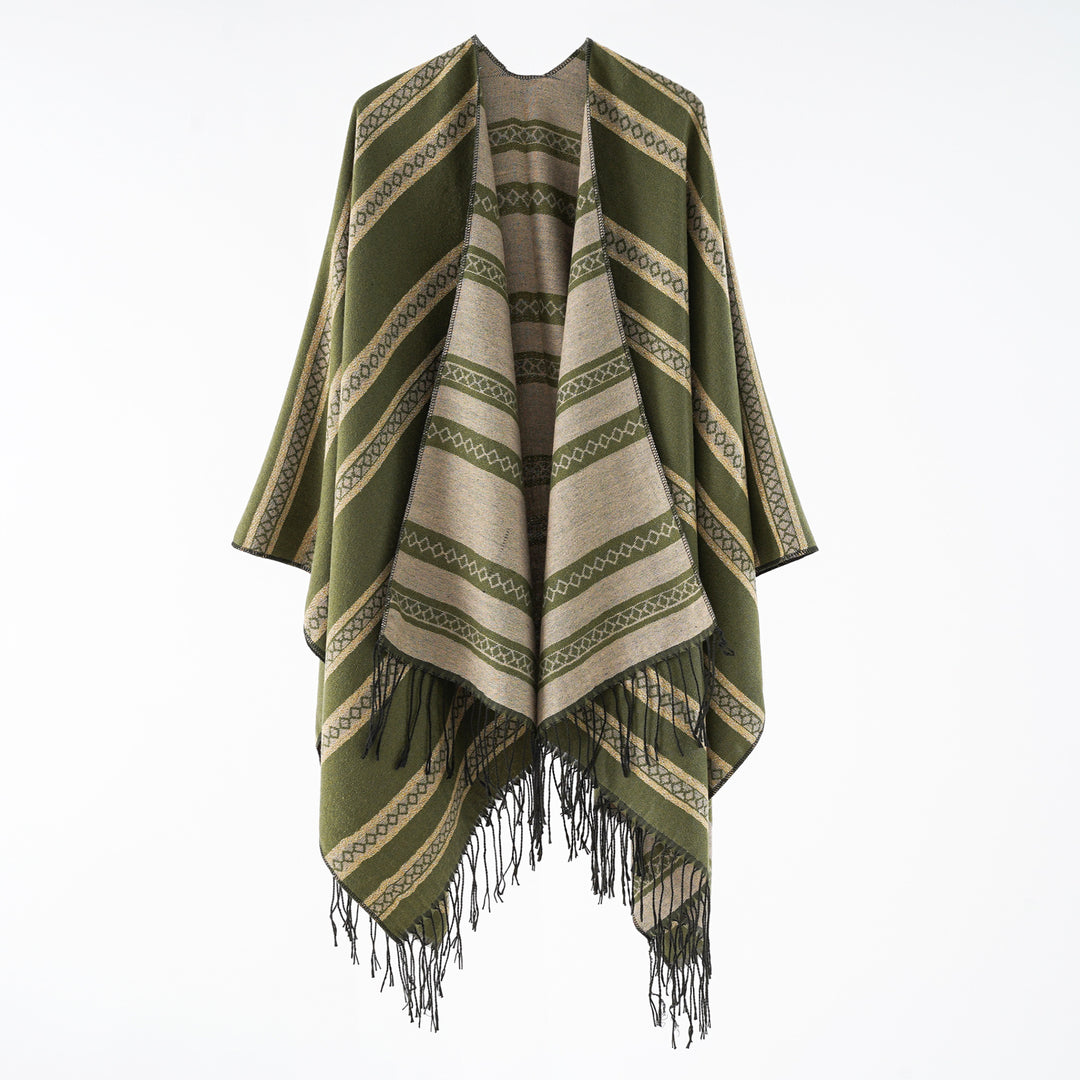 Damen Wollmix-Wickelponcho im Jacquardstreifen mit Fransen Echo Archiv