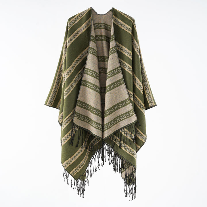 Damen Wollmix-Wickelponcho im Jacquardstreifen mit Fransen Echo Archiv
