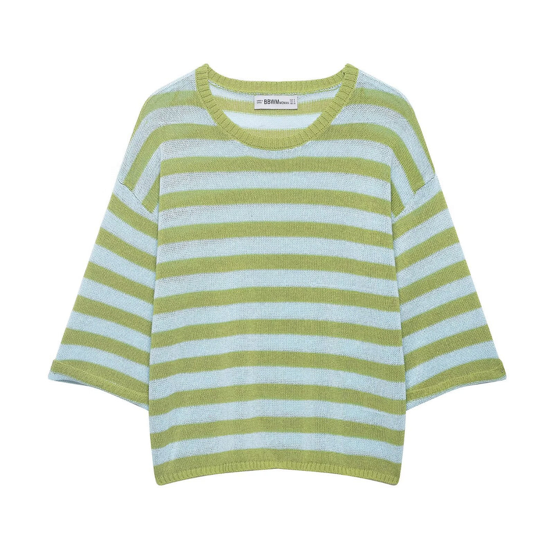 Damen Leichter gestreifter Boxy-Kurzpullover mit überschnittenen Ärmeln Echo Archiv