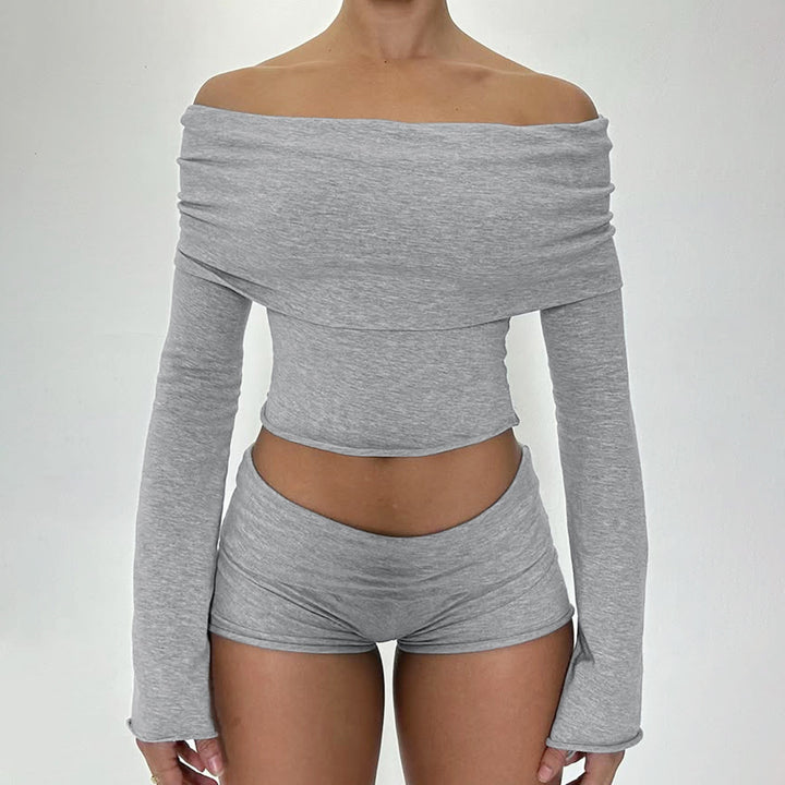 Damen nan Off-Shoulder Lounge-Set mit Langarm-Croptop und Highwaist-Shorts aus Stretchjersey Echo Archiv