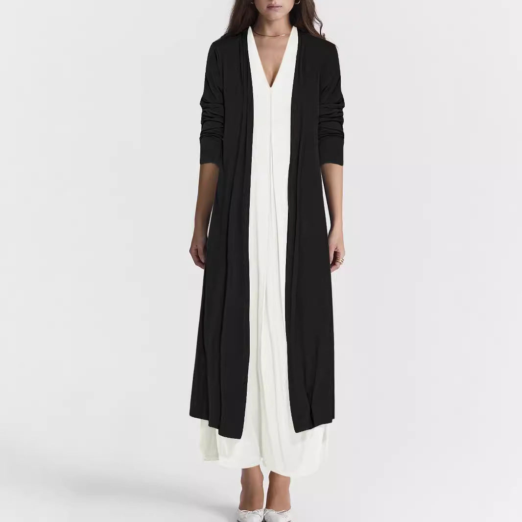 Damen Langer Offener Jersey-Cardigan mit Eingrifftaschen und fließender Drapierung – Veloura