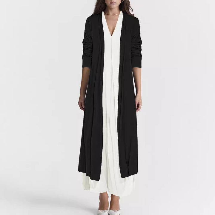 Damen Langer Offener Jersey-Cardigan mit Eingrifftaschen und fließender Drapierung – Veloura