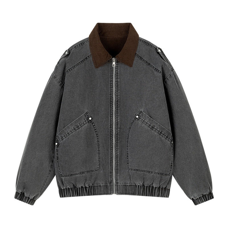 Herren Oversize-Canvas-Bomberjacke mit Cordkragen, Reißverschluss & Eingrifftaschen Echoarchiv