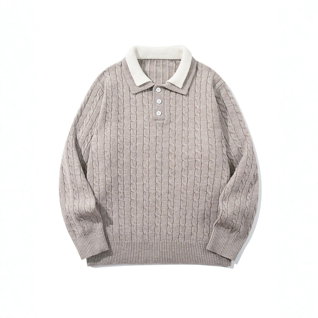 Unisex Polo-Strickpullover mit Zopfstrick und Kontrastkragen Echoarchiv